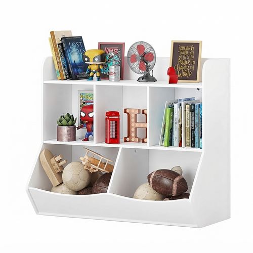 Slanted Toy Storage Organizer with Bookcase, White