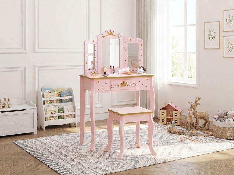 Pink Crown Princess Kids Vanity Set with Drawer