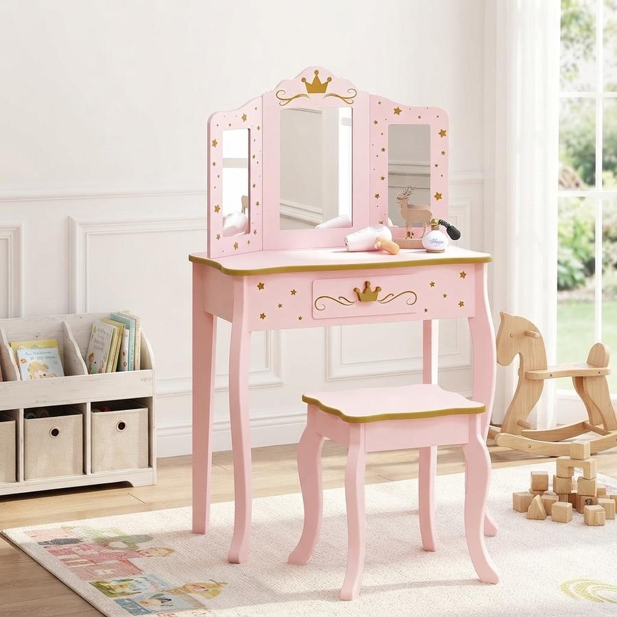 Pink Crown Princess Kids Vanity Set with Drawer