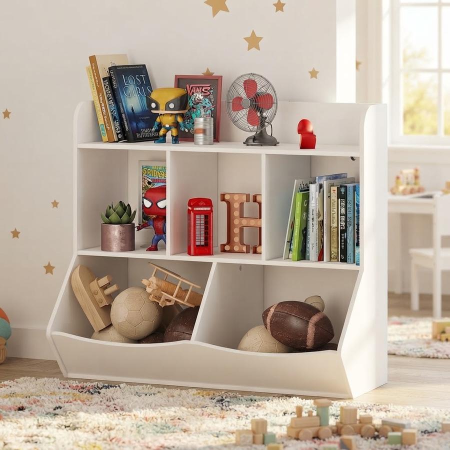 Slanted Toy Storage Organizer with Bookcase, White