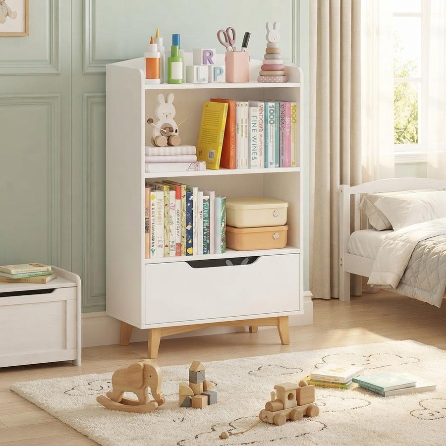 Kids Corner Bookshelf with Drawer, White
