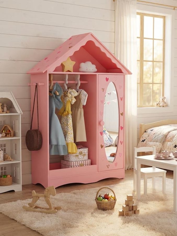 Dollhouse Kids Dress-Up Wardrobe with Mirror, Pink