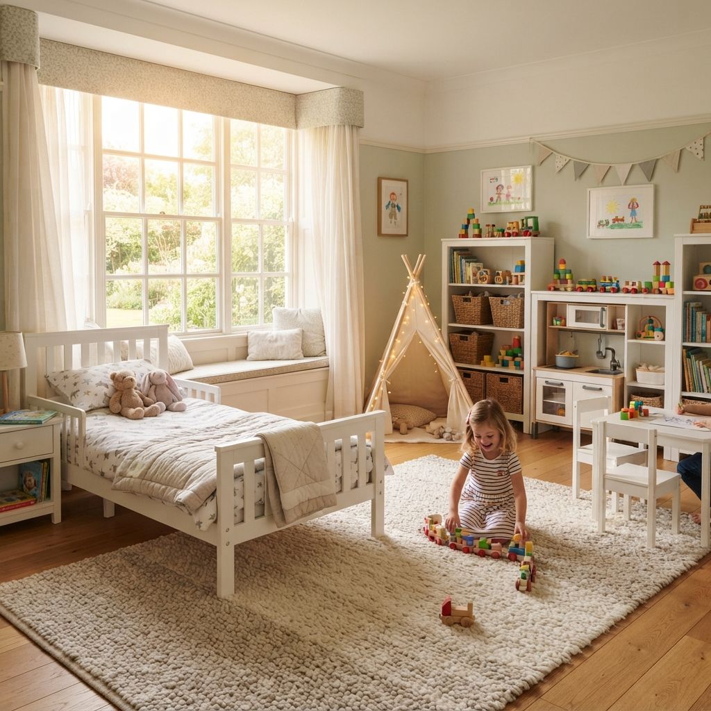 UTEX white wooden kids furniture in a sunlit playroom